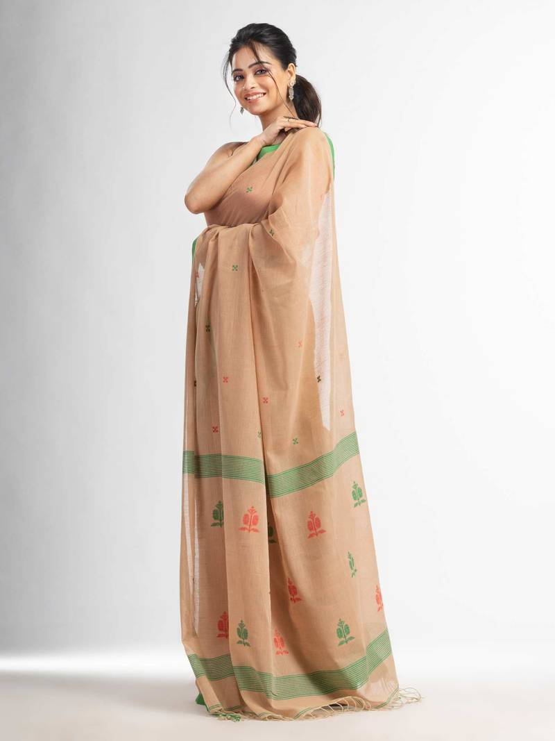 Biscuit all body buti with buti in green border handwoven Cotton-Sarees