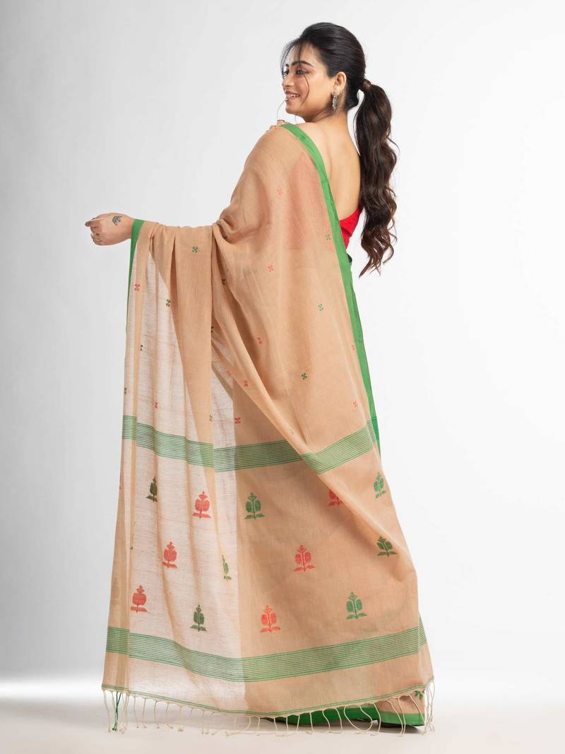 Biscuit all body buti with buti in green border handwoven Cotton-Sarees