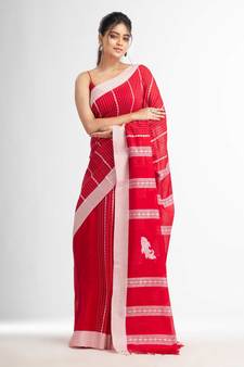 Red all body small fish design with fish design pallu in solid border handwoven Cotton-Sarees