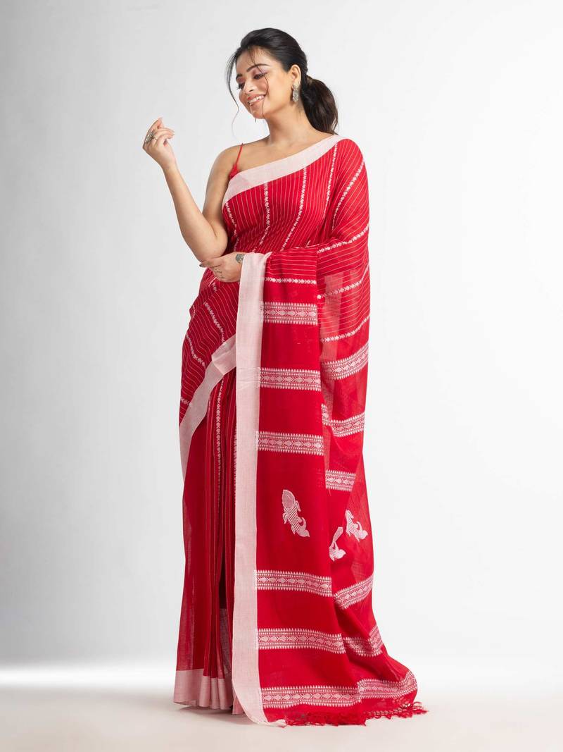 Red all body small fish design with fish design pallu in solid border handwoven Cotton-Sarees