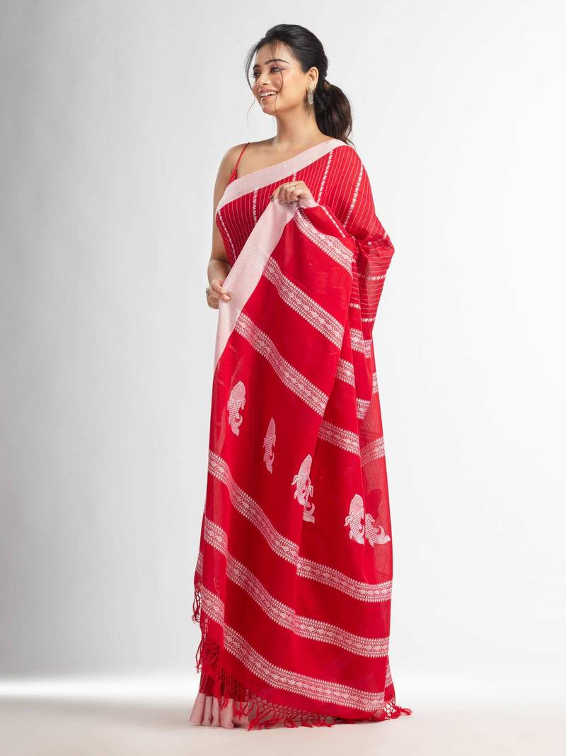 Red all body small fish design with fish design pallu in solid border handwoven Cotton-Sarees