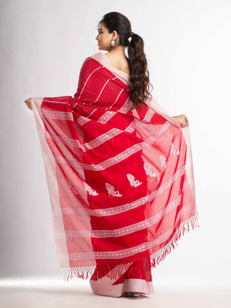 Red all body small fish design with fish design pallu in solid border handwoven Cotton-Sarees
