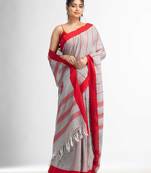 Grey all body small fish design with fish design pallu in solid border handwoven Cotton-Sarees