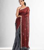 Grey rust half and half with ball buti pallu in silver zari border handwoven linen saree