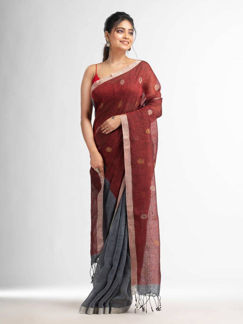 Grey rust half and half with ball buti pallu in silver zari border handwoven linen saree