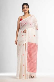 White resham cotton kota check all over Buti jacquqrd Pallu handwoven saree