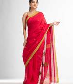 Red Green all body buti with buti in green border handwoven Cotton-Sarees