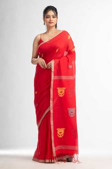 Fern Green all body buti with buti in silver border handwoven Cotton-Sarees