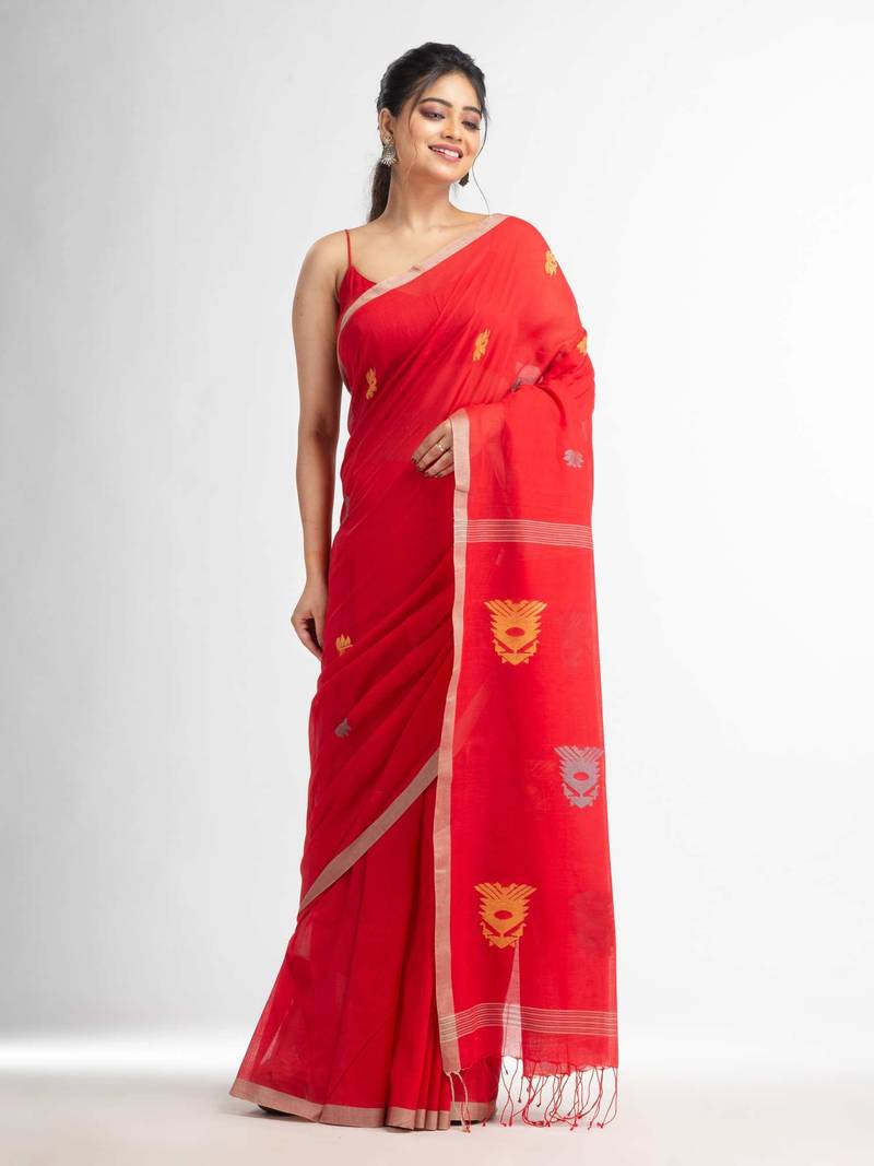 Fern Green all body buti with buti in silver border handwoven Cotton-Sarees