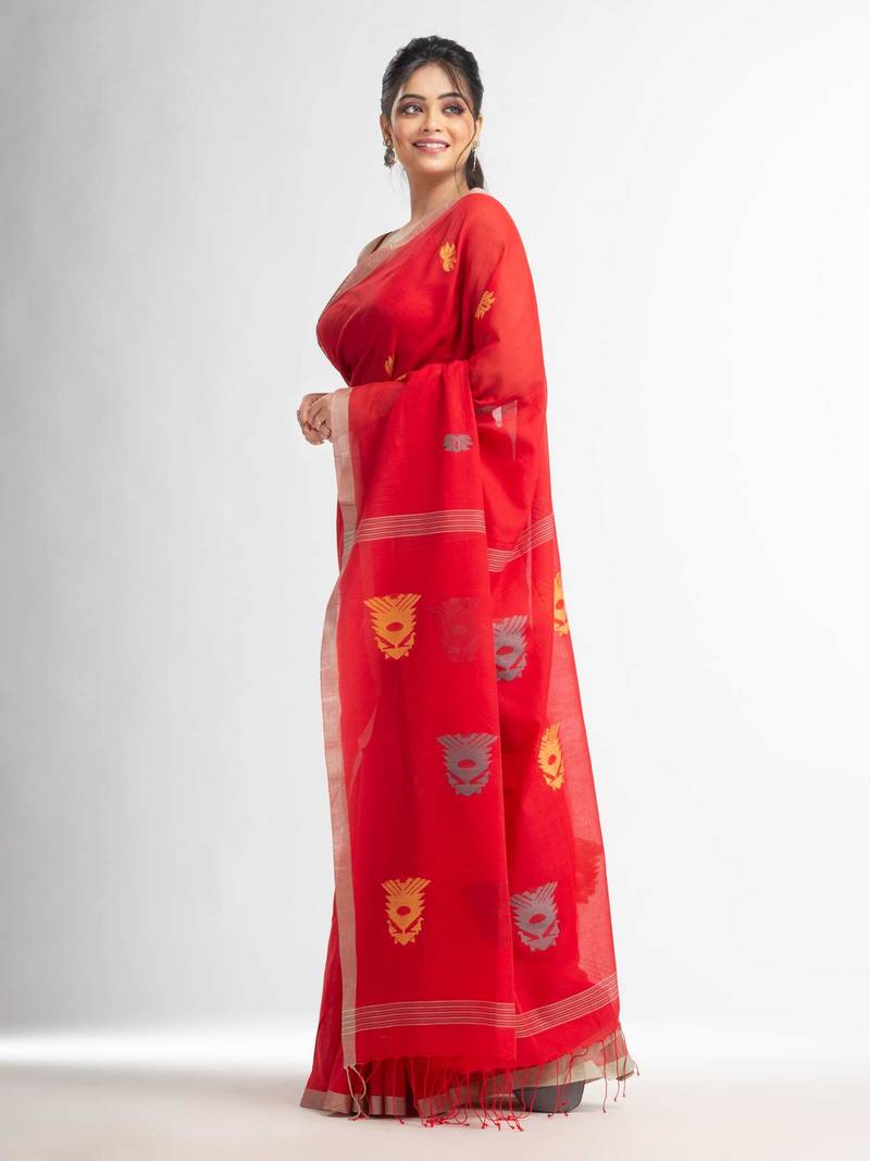 Fern Green all body buti with buti in silver border handwoven Cotton-Sarees