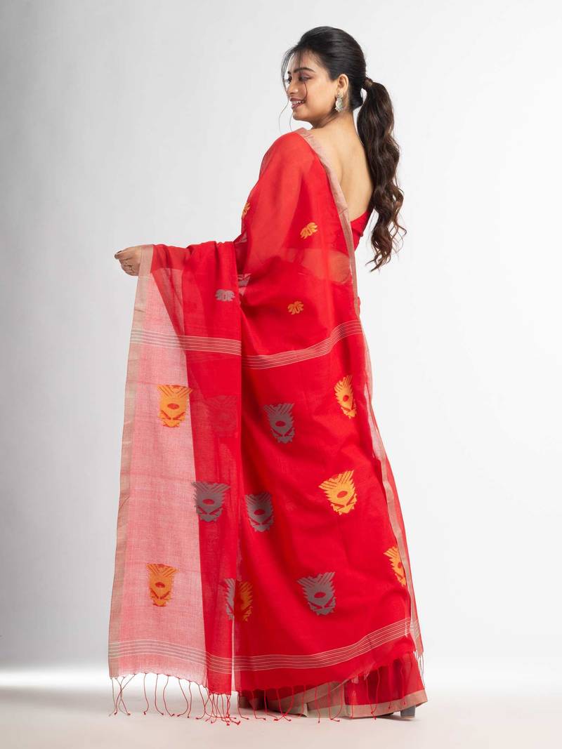 Fern Green all body buti with buti in silver border handwoven Cotton-Sarees