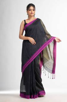 Charcoal with Lemon yollow pallu in jacquard boeder handwoven linen saree