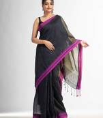 Charcoal with Lemon yollow pallu in jacquard boeder handwoven linen saree