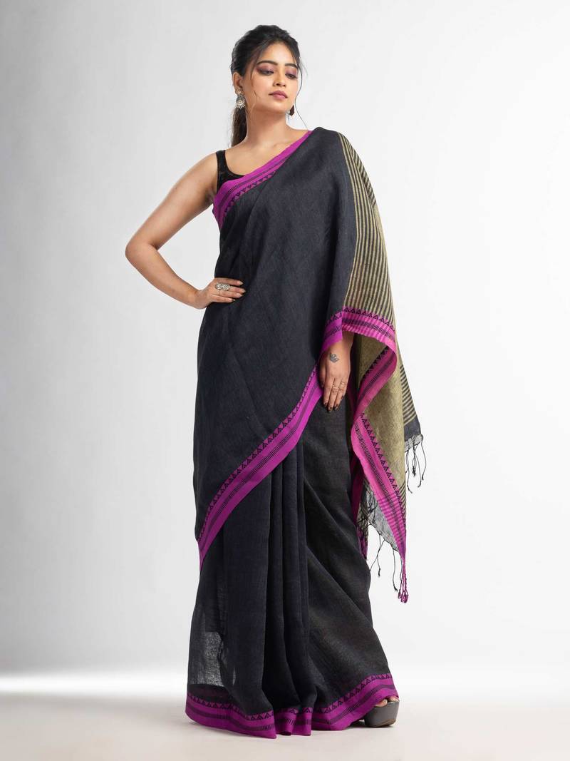 Charcoal with Lemon yollow pallu in jacquard boeder handwoven linen saree