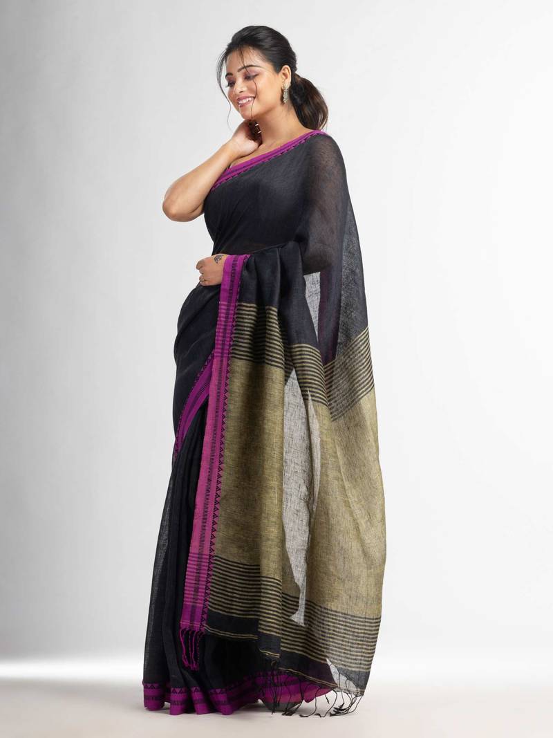 Charcoal with Lemon yollow pallu in jacquard boeder handwoven linen saree