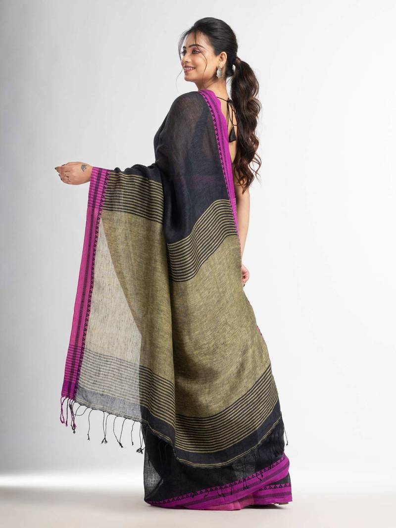Charcoal with Lemon yollow pallu in jacquard boeder handwoven linen saree
