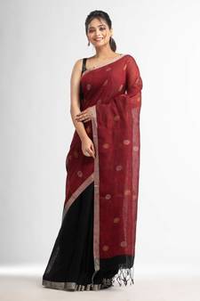 Black Red half and half with ball buti pallu in silver zari border handwoven linen saree