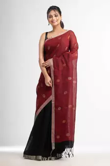 Black Red half and half with ball buti pallu in silver zari border handwoven linen saree