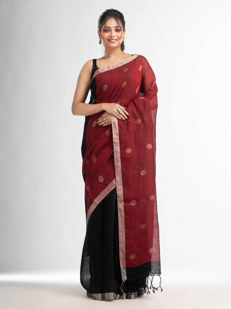 Black Red half and half with ball buti pallu in silver zari border handwoven linen saree