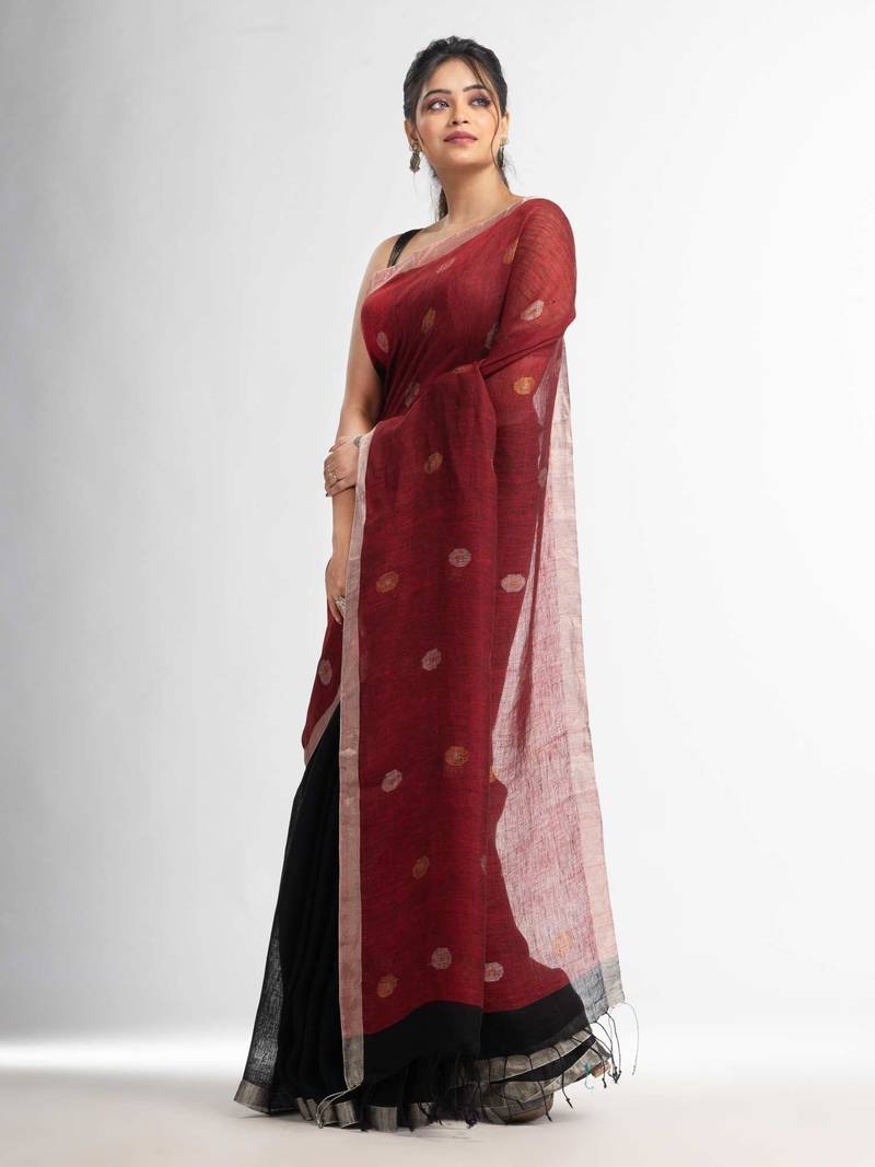 Black Red half and half with ball buti pallu in silver zari border handwoven linen saree