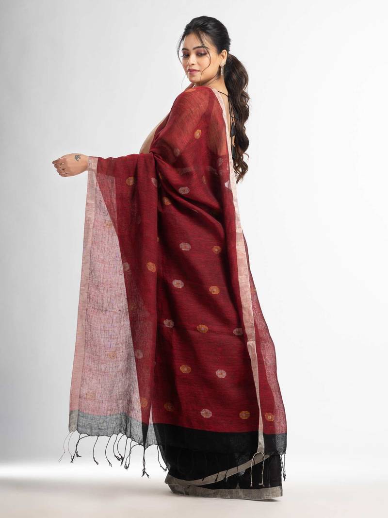 Black Red half and half with ball buti pallu in silver zari border handwoven linen saree