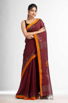 Moroon with jamdani pallu in temple border handwoven linen saree
