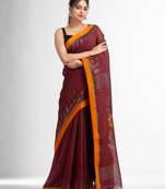 Moroon with jamdani pallu in temple border handwoven linen saree