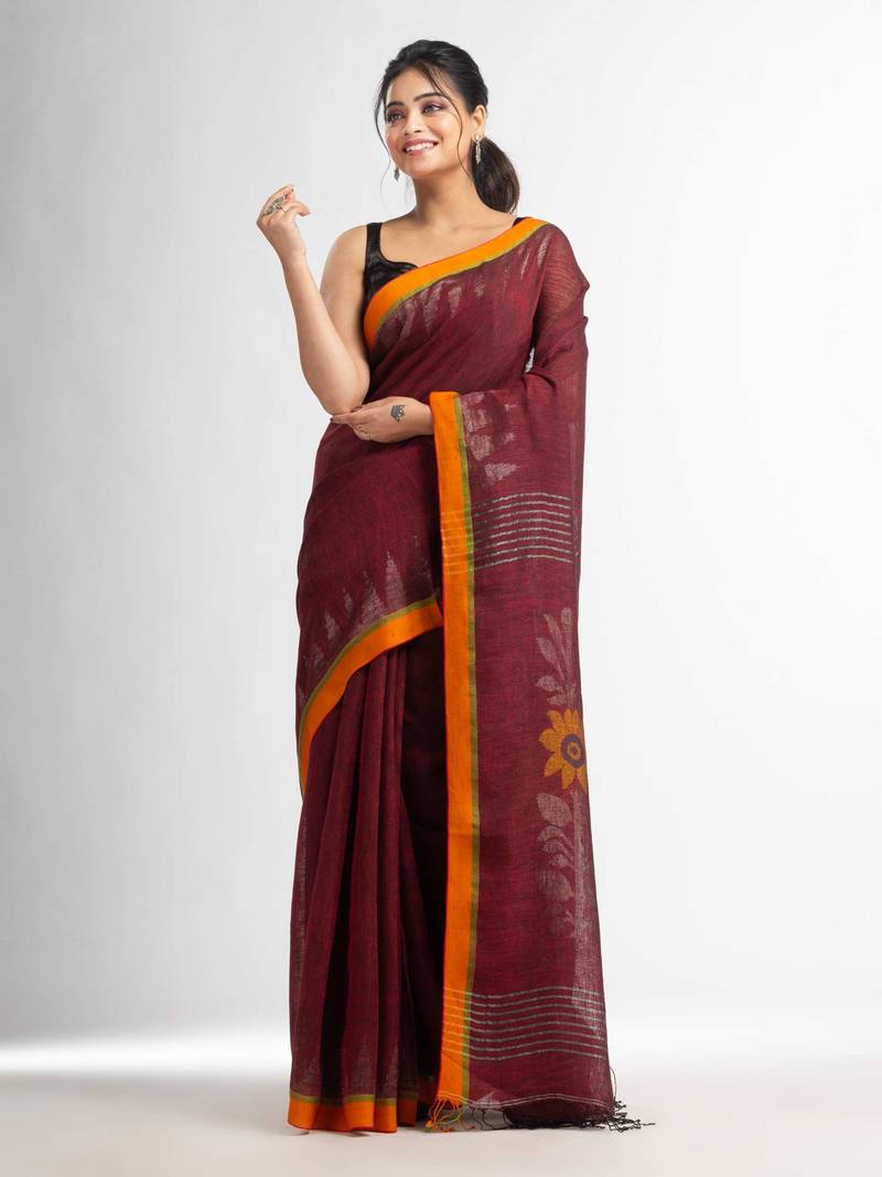 Moroon with jamdani pallu in temple border handwoven linen saree