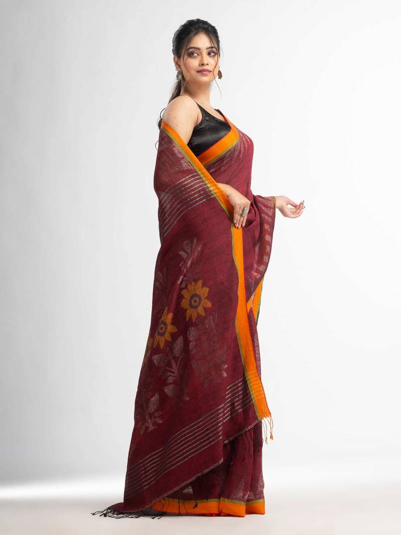 Moroon with jamdani pallu in temple border handwoven linen saree