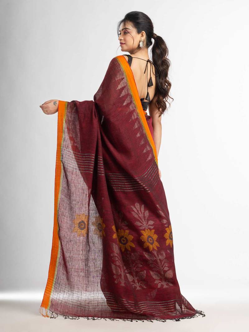 Moroon with jamdani pallu in temple border handwoven linen saree