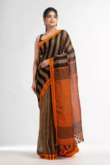 Sunset Brown all body stipe with rust pallu in jacquard boeder handwoven linen saree