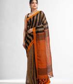 Sunset Brown all body stipe with rust pallu in jacquard boeder handwoven linen saree