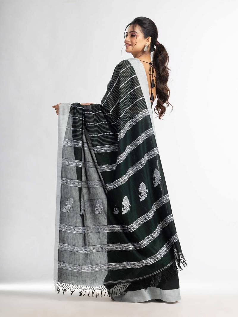 Bottle green all body small fish design with fish design pallu in solid border handwoven Cotton-Sarees