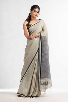 Grey twill weaving with sage green pallu in white and black border handwoven linen saree