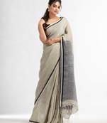 Grey twill weaving with sage green pallu in white and black border handwoven linen saree