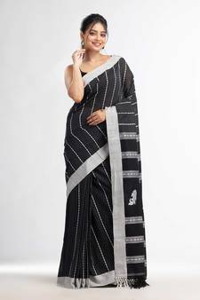 Black all body small fish design with fish design pallu in solid border handwoven Cotton-Sarees