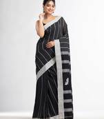 Black all body small fish design with fish design pallu in solid border handwoven Cotton-Sarees