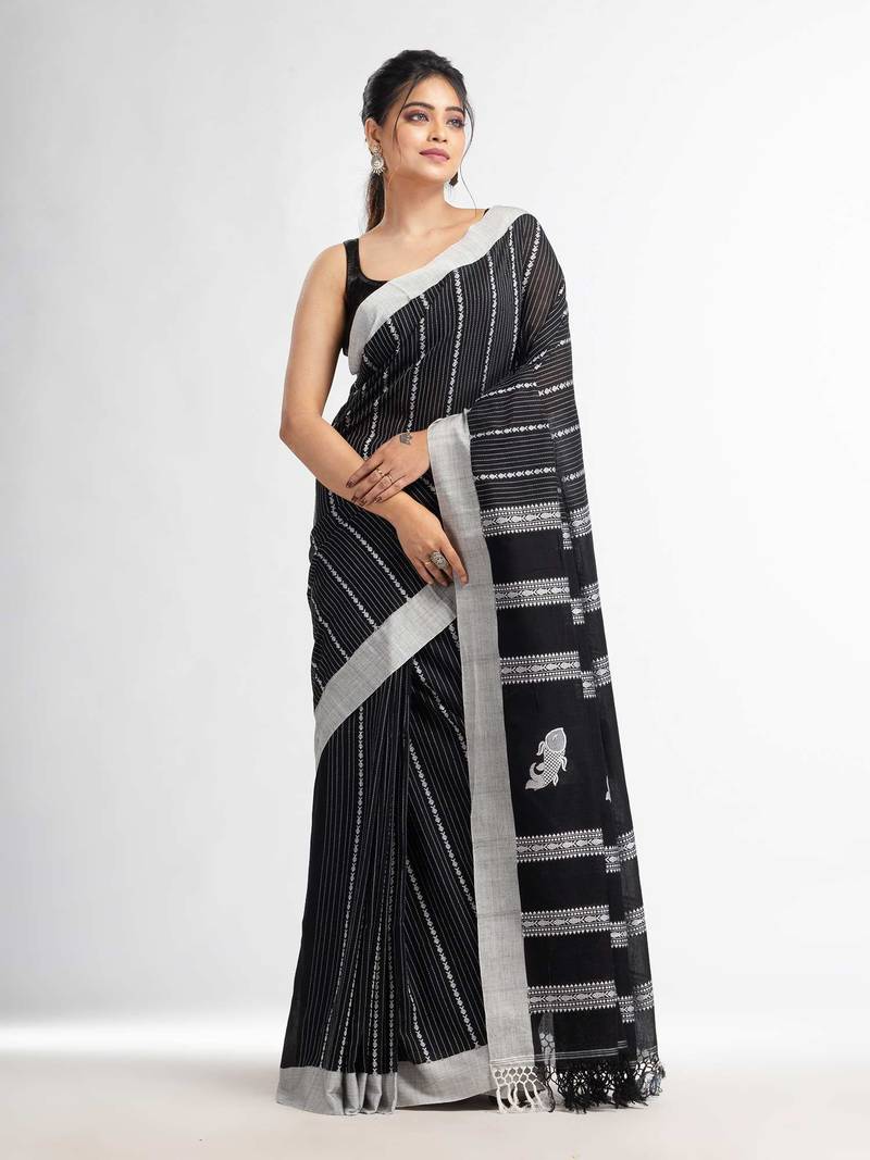 Black all body small fish design with fish design pallu in solid border handwoven Cotton-Sarees