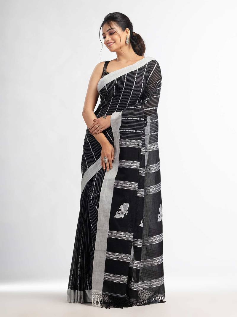 Black all body small fish design with fish design pallu in solid border handwoven Cotton-Sarees