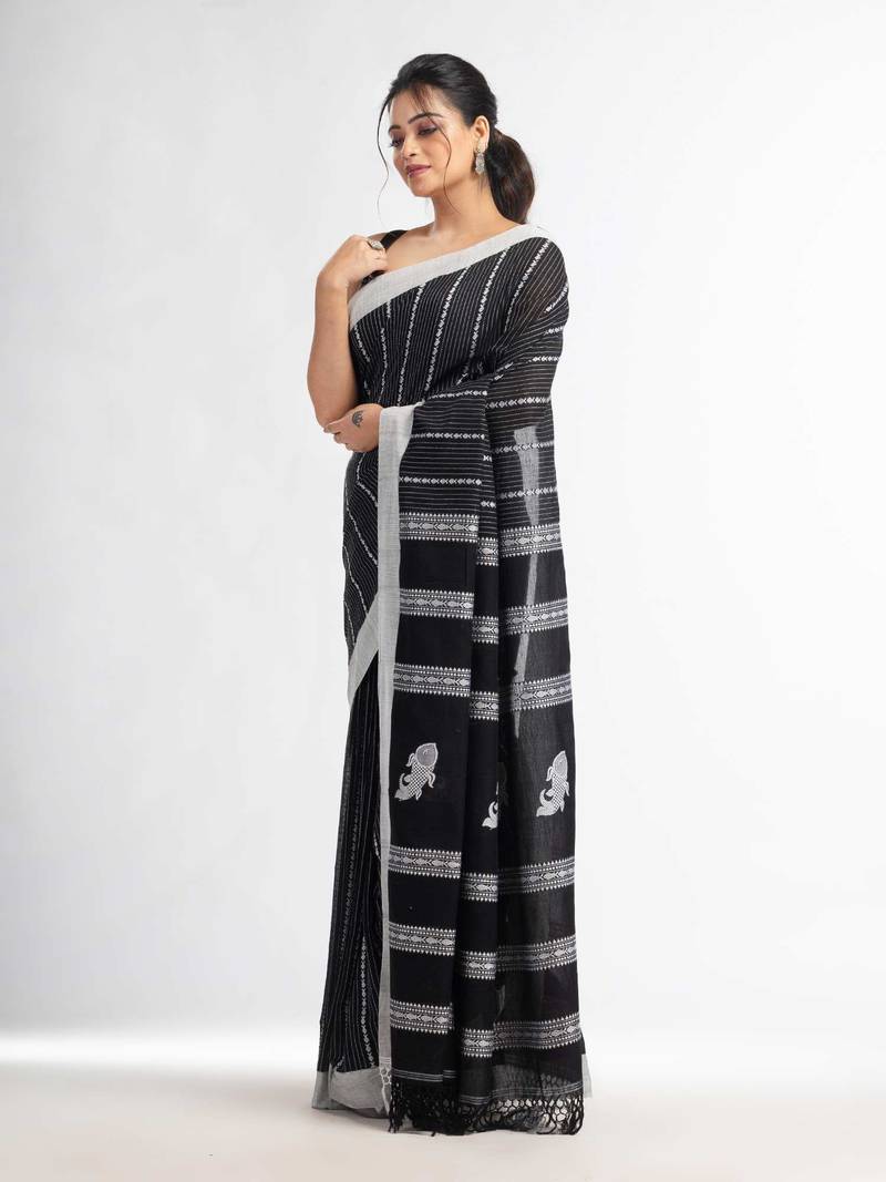 Black all body small fish design with fish design pallu in solid border handwoven Cotton-Sarees