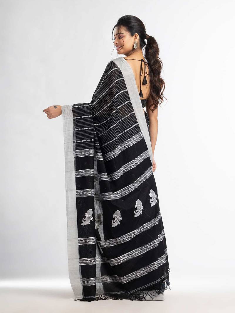 Black all body small fish design with fish design pallu in solid border handwoven Cotton-Sarees