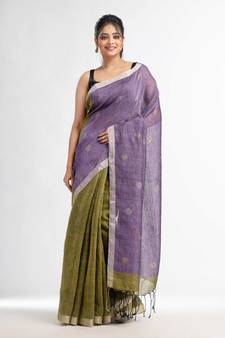 Sage green violet half and half with ball buti pallu in silver zari border handwoven linen saree