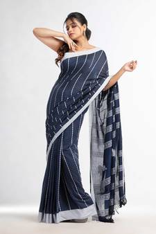 Nevy Blue all body small fish design with fish design pallu in solid border handwoven Cotton-Sarees