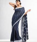 Nevy Blue all body small fish design with fish design pallu in solid border handwoven Cotton-Sarees