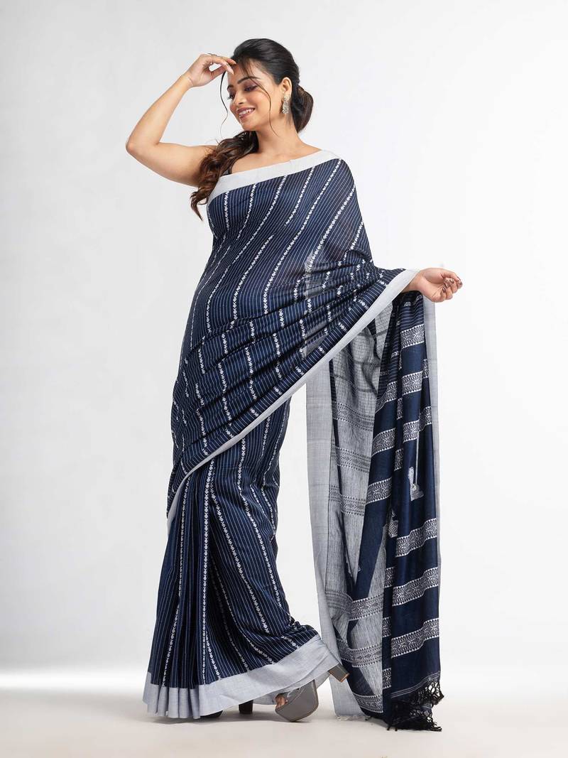 Nevy Blue all body small fish design with fish design pallu in solid border handwoven Cotton-Sarees