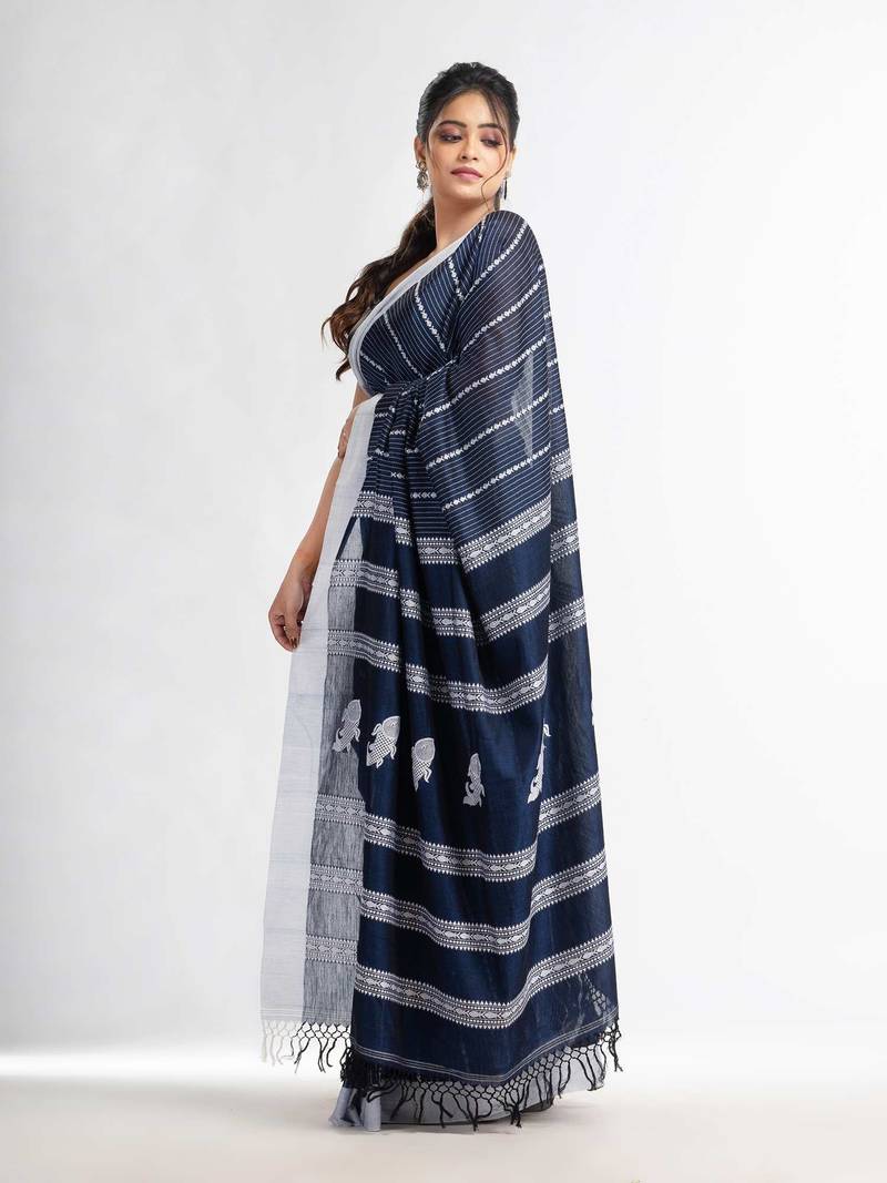 Nevy Blue all body small fish design with fish design pallu in solid border handwoven Cotton-Sarees