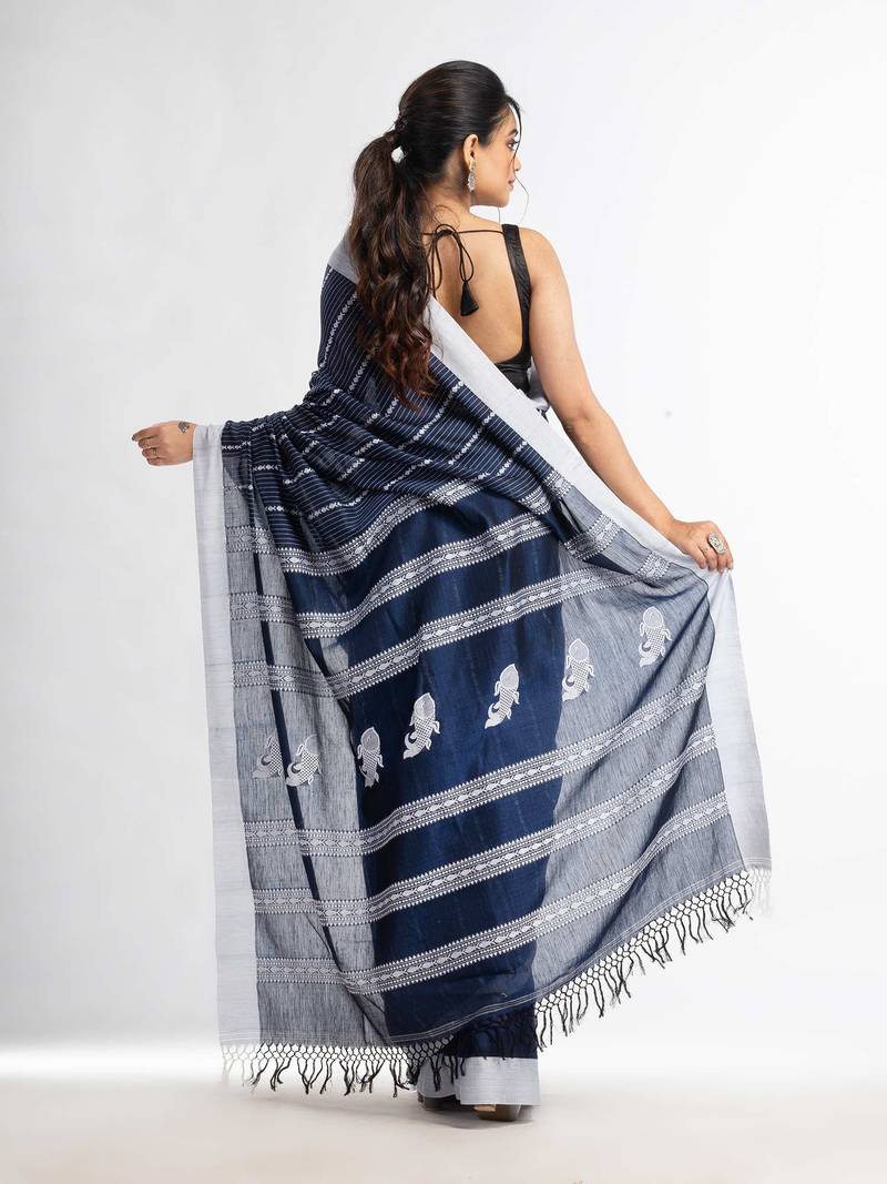 Nevy Blue all body small fish design with fish design pallu in solid border handwoven Cotton-Sarees