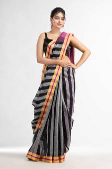grey black all body stipe with pink pallu in multi colou boeder handwoven linen saree