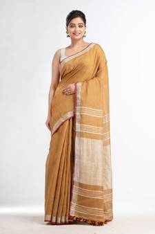 saffron with silver zari pallu in silver zari border handwoven linen saree
