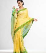 Yellow with green pallu in multi colour boeder handwoven linen saree